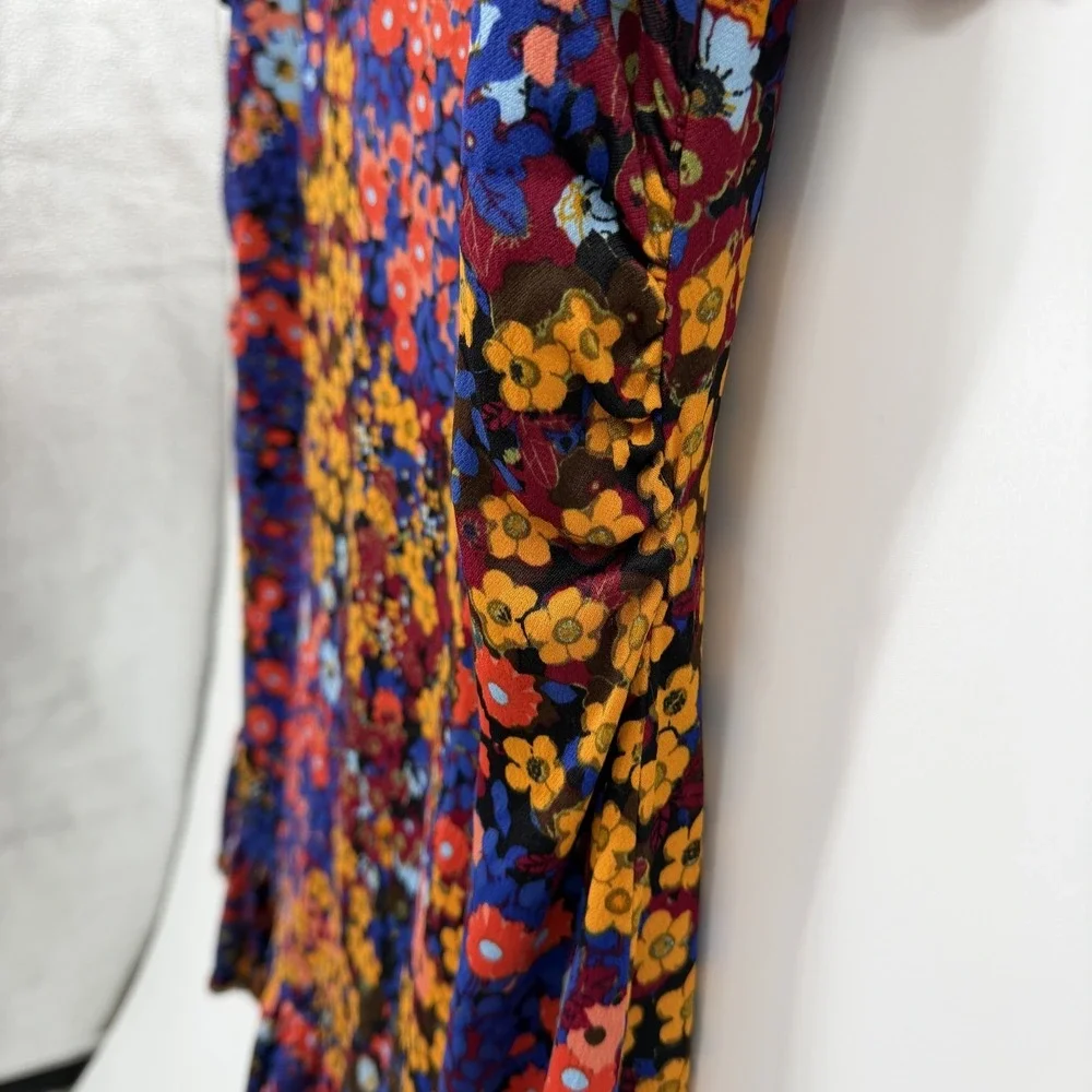 Anthropologie Ruffled Satin Mini Dress Size 14 Floral Tie Open Back Colorful - Picture 4 of 14